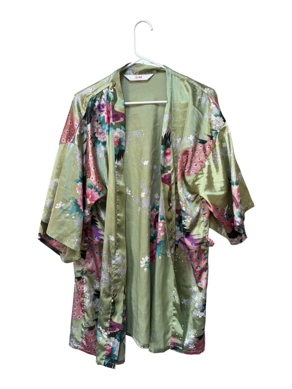 Peacock Floral Satin Kimono Duster Sage Boho Maximalist Artwear S/M